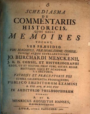 Schediasma de commentariis historicis, quos Galli Memoires vocant
