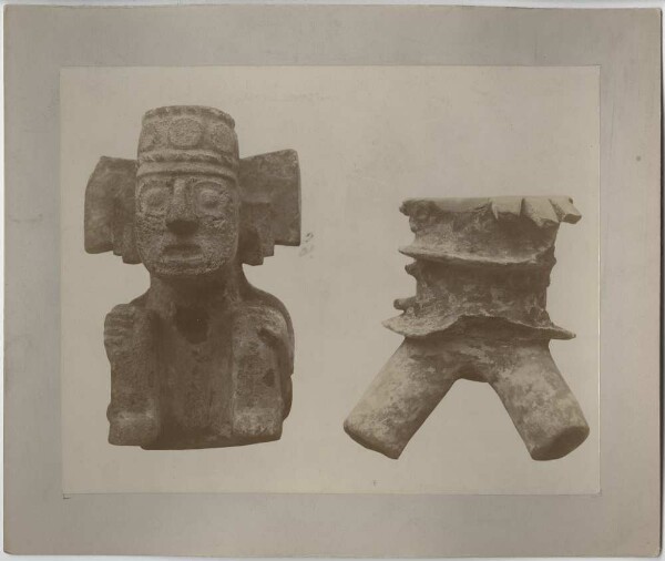 A clay figurine and a fragment of a ceramic vessel (?).