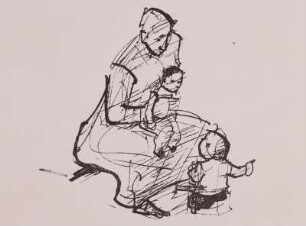 Sitzende Frau mit Kind vor einem zeigenden Jungen (verworfene Arbeit)