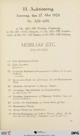 Mobiliar etc. (Nachtrag) (Nr. 420 - 430)