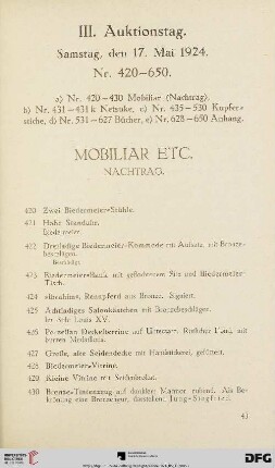 Mobiliar etc. (Nachtrag) (Nr. 420 - 430)