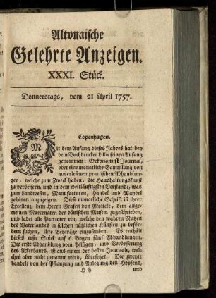 XXXI. Stück. Donnerstags, vom 21 April 1757