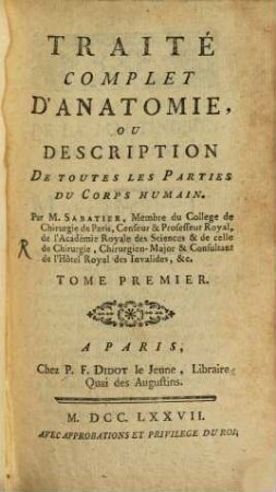 Traité complet d'anatomie, 1. (1777)