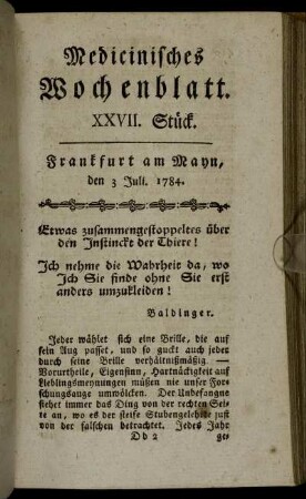 XXVII. Stück. Frankfurt am Mayn, den 3 Juli. 1784. - XXXI. Stück. Frankfurt am Mayn, den 31 Juli 1784.