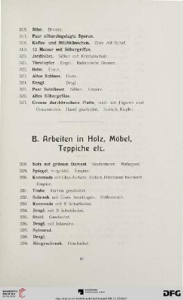 B. Arbeiten in Holz, Möbel, Teppiche etc. (Nr. 328-405)