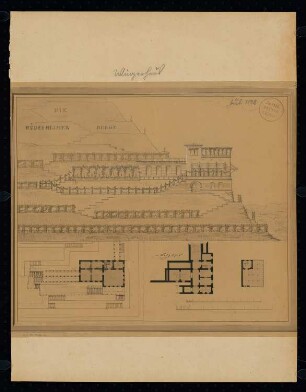 Winzerhaus Monatskonkurrenz Juli 1828: Grundriss Untergeschoss, Obergeschoss, Dachgeschoss, Aufriss Eingangsseite mit Weinberg; 2 Maßstabsleisten