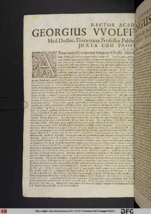 Rector Academiæ Jenensis, Georgius VVolfgangus VVedelius, Med. Doctor, Theoretices Professor Publicus, Consiliarius & Archiater Ducalis Saxonicus, Juxta Cum Professoribus Reliquis S.P.D. Civibus