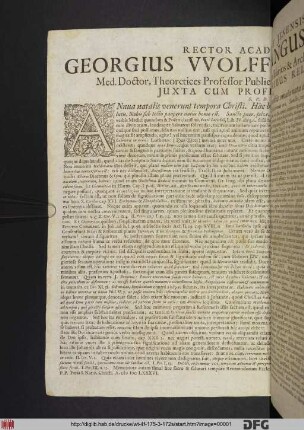 Rector Academiæ Jenensis, Georgius VVolfgangus VVedelius, Med. Doctor, Theoretices Professor Publicus, Consiliarius & Archiater Ducalis Saxonicus, Juxta Cum Professoribus Reliquis S.P.D. Civibus