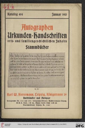 Nr. 414: Katalog: Autographen, Urkunden, Handschriften orts- und familiengeschichtlichen Inhalts : Stammbücher