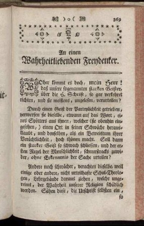 I. Ein Brief an einen Wahrheitliebenden Freydenker.