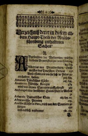 Verzeichniß derer in diesem andern Haupt-Theile der Reisebeschreibung enthaltenen Sachen.