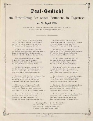 Fest-Gedicht zur Enthüllung des neuen Brunnens in Tegernsee am 25. August 1885