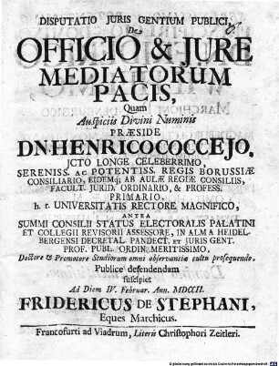 Disputatio Juris Gentium Publici, De Officio & Jure Mediatorum Pacis
