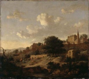 Landschaft mit einer befestigten Stadt am Hang