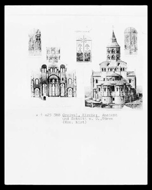 Südansicht, Grundriss und Schnitte der Kirche Notre-Dame in Orcival