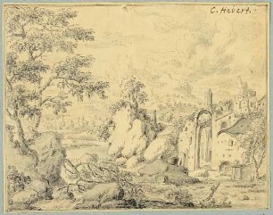 Landschaft mit Obelisk und ruinösem Gebäude mit Bogen