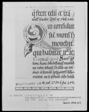 Petrus Lombardus, Psalmenkommentar — Initiale Q (ui confidunt), Folio 219verso