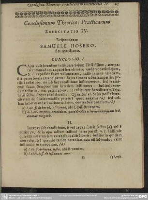 Conclusionum Theorico: Practicarum Exercitatio IV. Respondente Samuele Hosero, Stutgardiano.