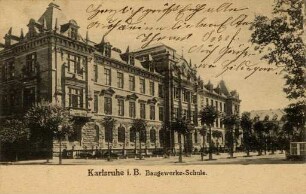 Postkartenalbum mit Motiven von Karlsruhe. "Karlsruhe in Baden. Baugewerkeschule"