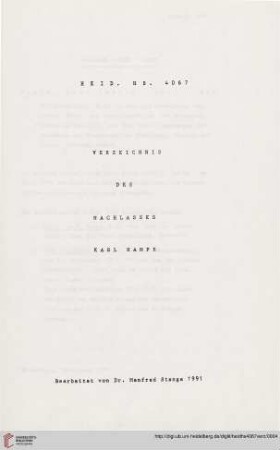 Verzeichnis des Nachlasses Karl Hampe (Heid.Hs. 4067)
