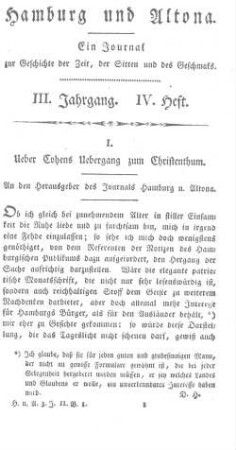 I. Ueber Cohens Uebergang zum Christenthum. An den Herausgeber des Journals Hamburg u. Altona.