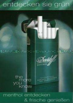Werbeaufkleber (Fensterkleber) für "Davidoff Menthol"-Zigaretten, "entdecken sie grün"