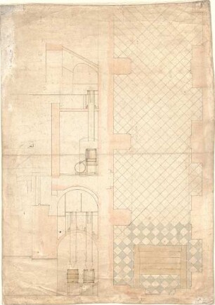 Klenze, Leo von; München; Alte Pinakothek - Toilettenanlage (Querschnitt); Gang (Grundriss)