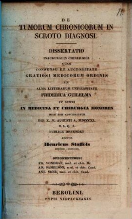 De tumorum chronicorum in scroto diagnosi : diss. inaug. chir.