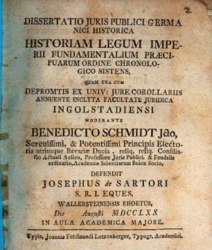 Dissertatio Juris Publici Germanici Historica Historiam Legum Imperii Fundamentalium Praecipuarum Ordine Chronologico Sistens