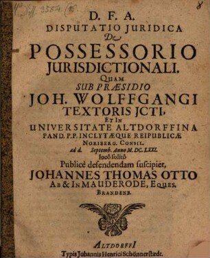 Disputatio iuridica de possessorio iurisdictionali