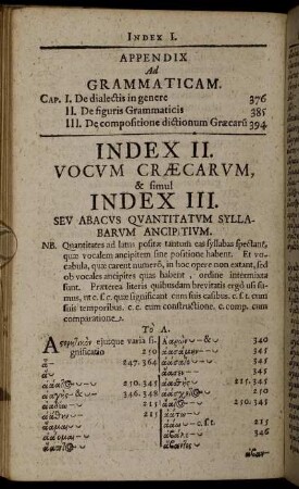 Index II. Vocum Græcarum, & simul Index III. Seu Abacus Quantitatum Syllabarum Ancipitium.