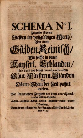 Der Drey im Müntz-Wesen correspondirender löblicher Reichs Creisse Francken, Bayern und Schwaben, jüngsthin recessirte Müntz-Ordnung : Samt angehängten Vier besondern Schematibus, deren vollgültigen, dann deren bis auff 50. und 45. Kreutzer abgewürdigten und völlig verruffenen Sorten