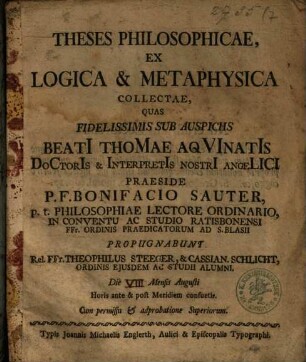 Theses Philosophicae, Ex Logica & Metaphysica Collectae