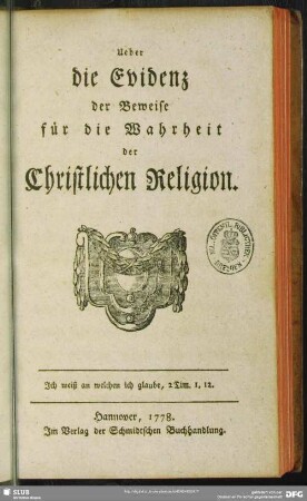 Ueber die Evidenz der Beweise für die Wahrheit der christlichen Religion