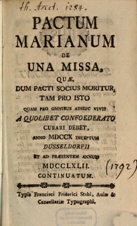 Pactum Marianum de una missa. 1792