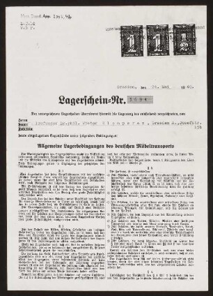 Lagerschein Nr. 3694 vom 24.05.1940 mit Verzeichnis der einzulagernden Gegenstände Victor Klemperers. Vorderseite