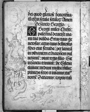 Gebetbuch Kaiser Maximilians I. — Heiliger Georg zu Pferde und der Drache, Folio 23recto