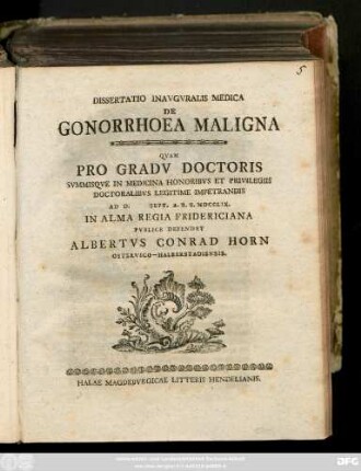 Dissertatio Inavgvralis Medica De Gonorrhoea Maligna