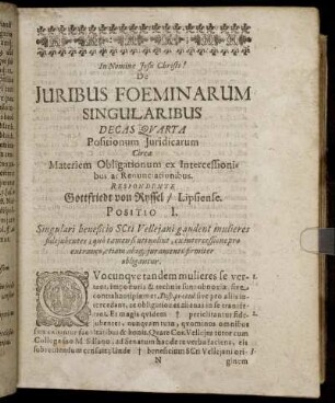 Decas Quarta Positionum Juridicarum Circa Materiem Obligationum ex Intercessionibus ac Renunciationibus.