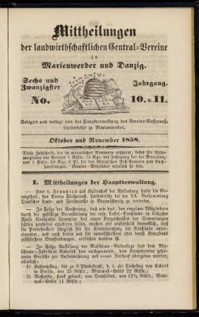 Sechs und Zwanzigster Jahrgang. No. 10. u. 11. Oktober und November 1858.