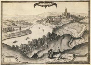 Penig, Ortsansicht : Ansicht (kol. Stich?) von Penig mit Burg und Zwickauer Mulde