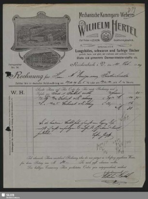 Mechanische Kammgarn-Weberei Wilhelm Hertel, Reichenbach i. V. : Rechnung