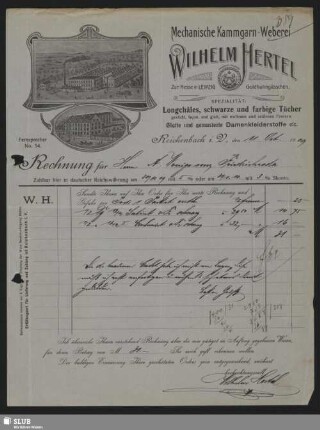 Mechanische Kammgarn-Weberei Wilhelm Hertel, Reichenbach i. V. : Rechnung
