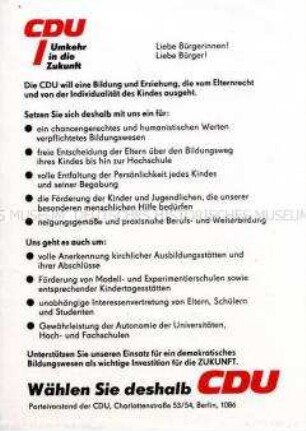 Wahlflugblatt des CDU-Parteivorstandes Berlin mit dem Schwerpunktthema Bildungspolitik