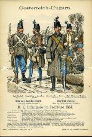 Uniformdarstellung, Gemeine und Offiziere verschiedener Infanterie-Regimenter, Kaiserreich Österreich-Ungarn, 1864.