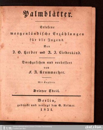 3: Palmblätter : Erlesene morgenländische Erzählungen