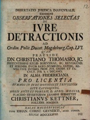 Dissertatio iuridica inauguralis exhibens observationes selectas de iure detractionis