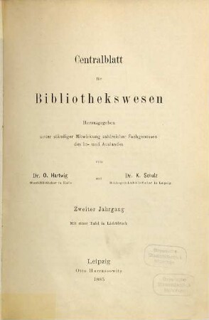 Zentralblatt für Bibliothekswesen. 2. 1885