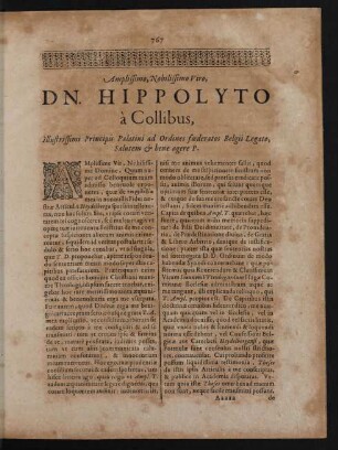 Amplissimo, Nobilissimo Viro, Dn. Hippolyto a Collibus, [...]