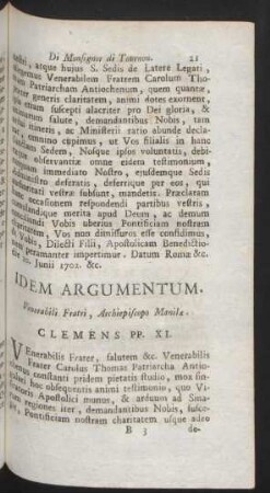 Idem Argumentum. Venerabili Frati, Archiepiscopo Manila. Clemens PP. XI.